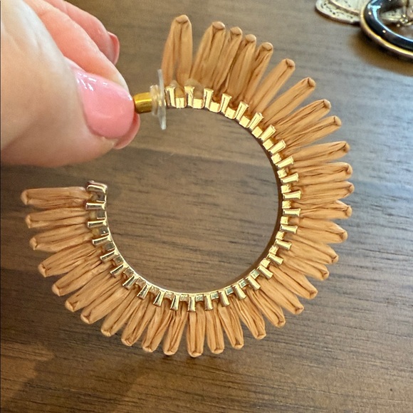 Elegant Gold and Tan Raffia Hoop Earrings - Picture 3 of 8